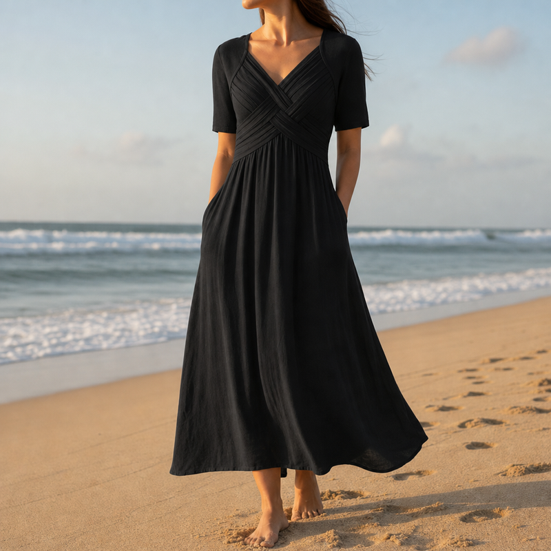 Tinos Crossfront A-Line Midi Dress in Black