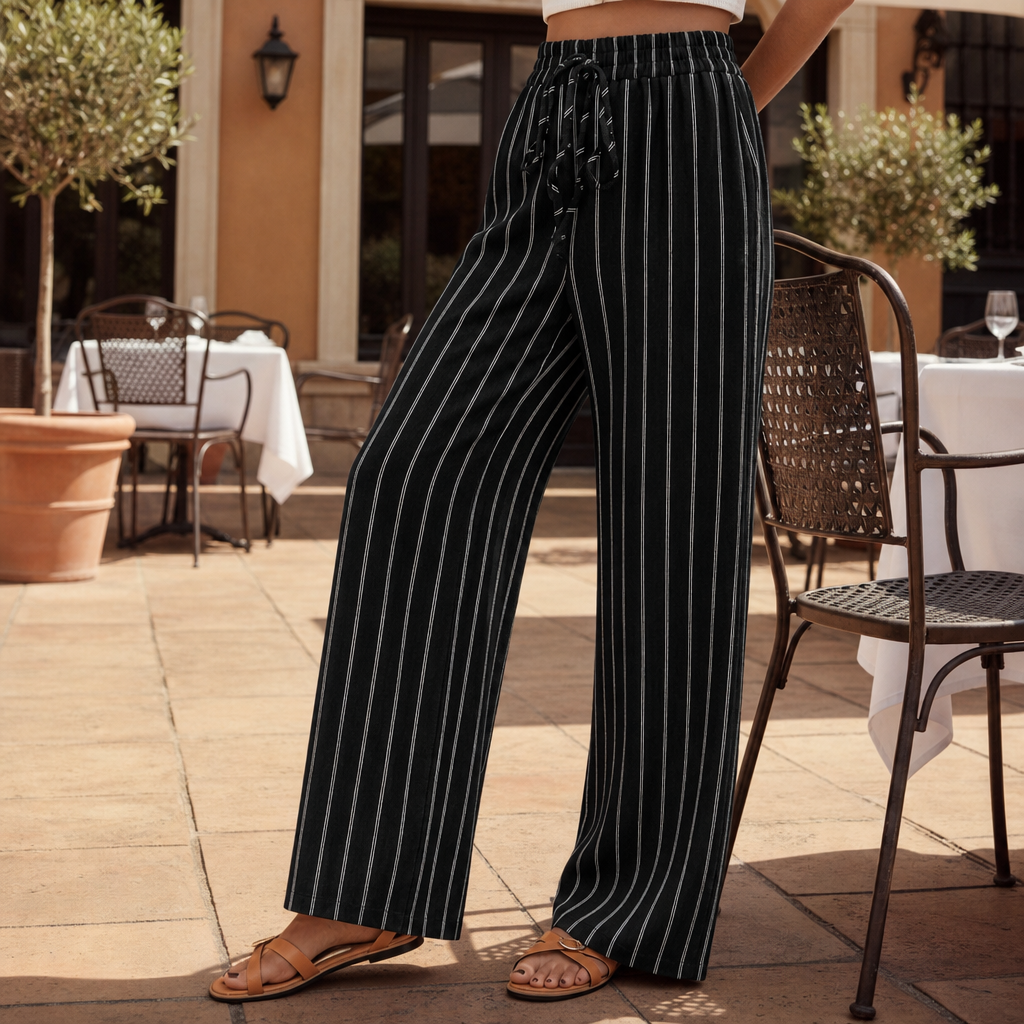 Amorgos Striped Wide Leg Pants in Black