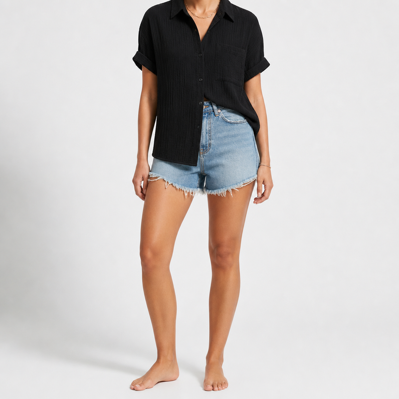 Albufeira Cotton Gauze Button-Down in Black