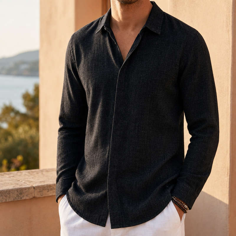 Menton Linen Button-Up Shirt in Black