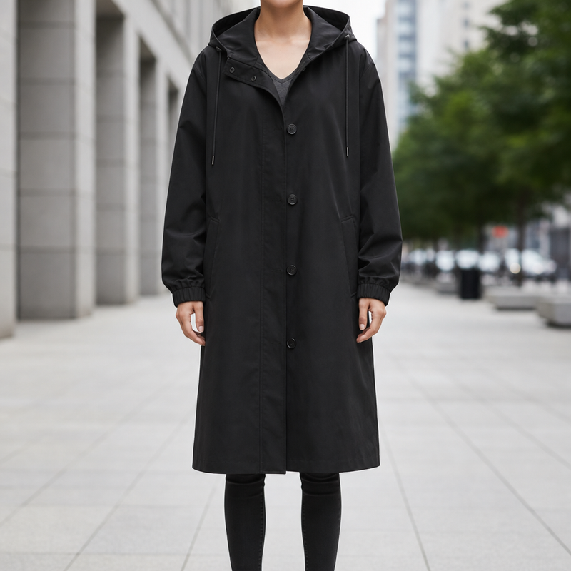 Montepulciano Hooded Long Trench Coat in Black