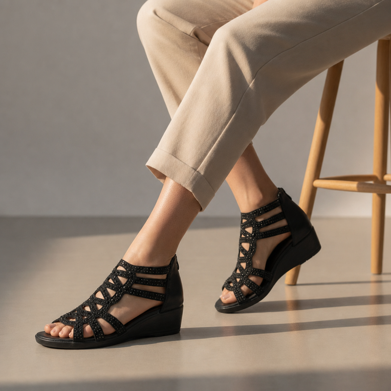Poros Orthopedic Wedge Sandals in Black