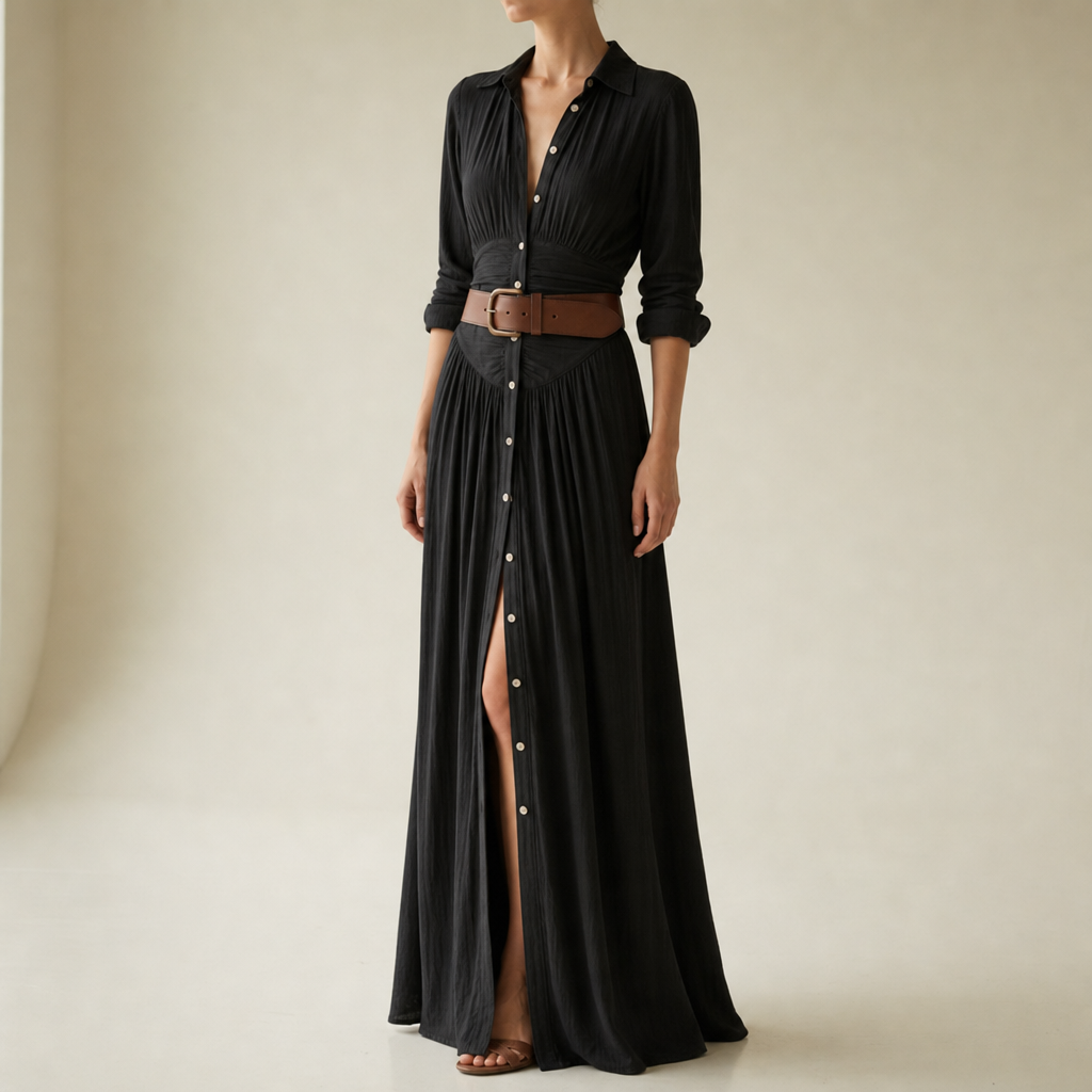 Samos Belted Button-Front Maxi Dress in Black