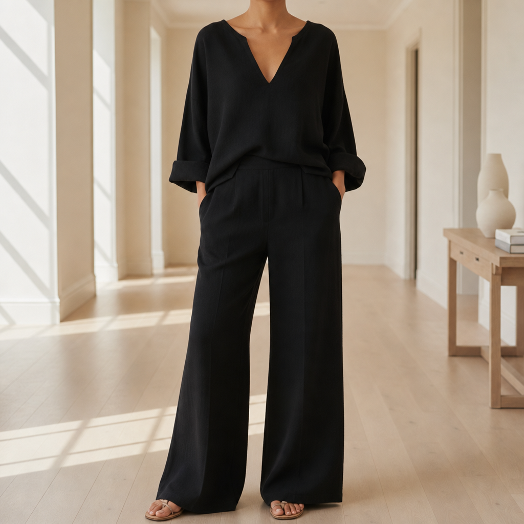 Polignano Linen Wide Leg Set in Black