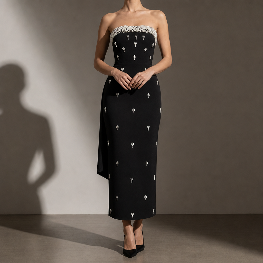 Mantova Pearl Embellished Bodycon Dress in Black