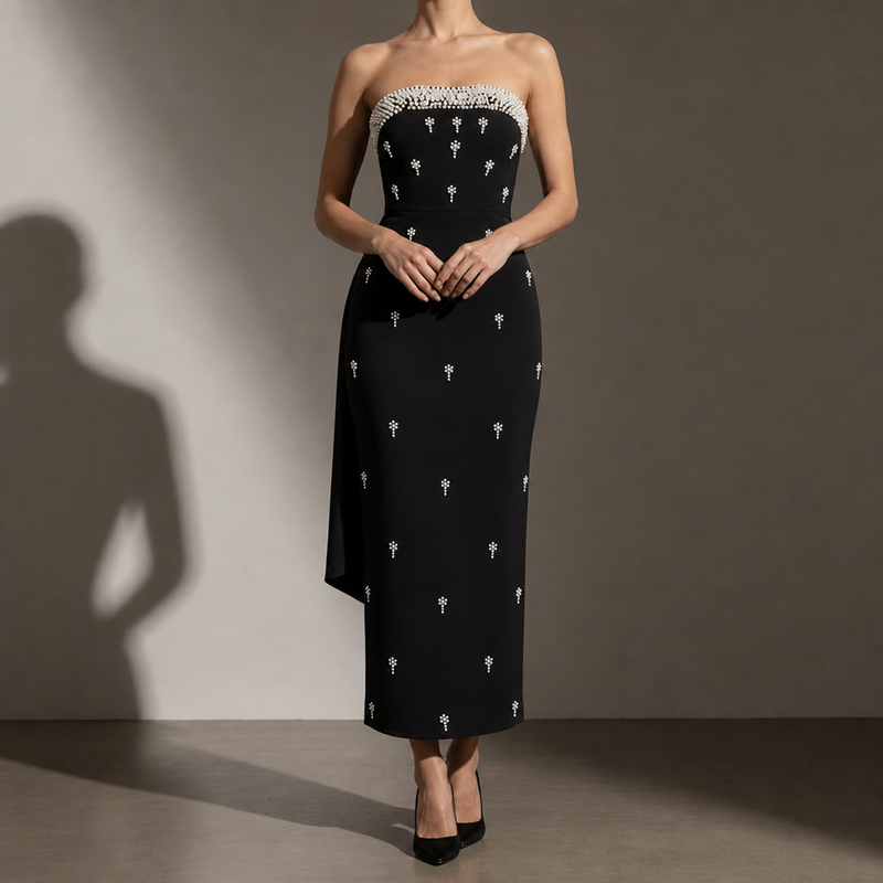 Mantova Pearl Embellished Bodycon Dress in Black