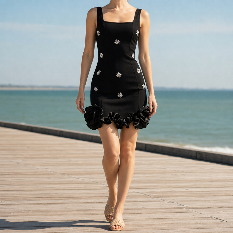 Grasse Rhinestone Ruffle Mini Dress in Black