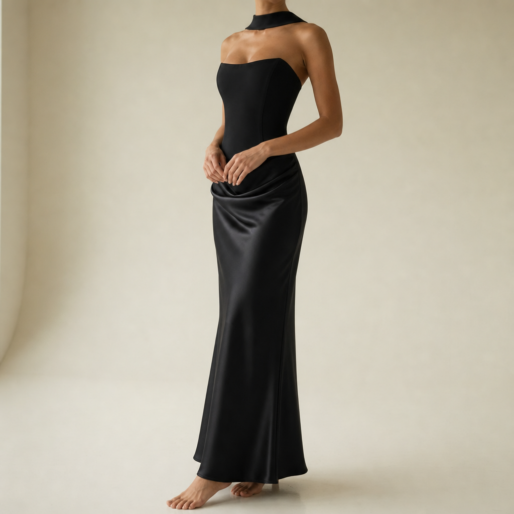 Kardamyli Corset Satin Maxi Dress in Black