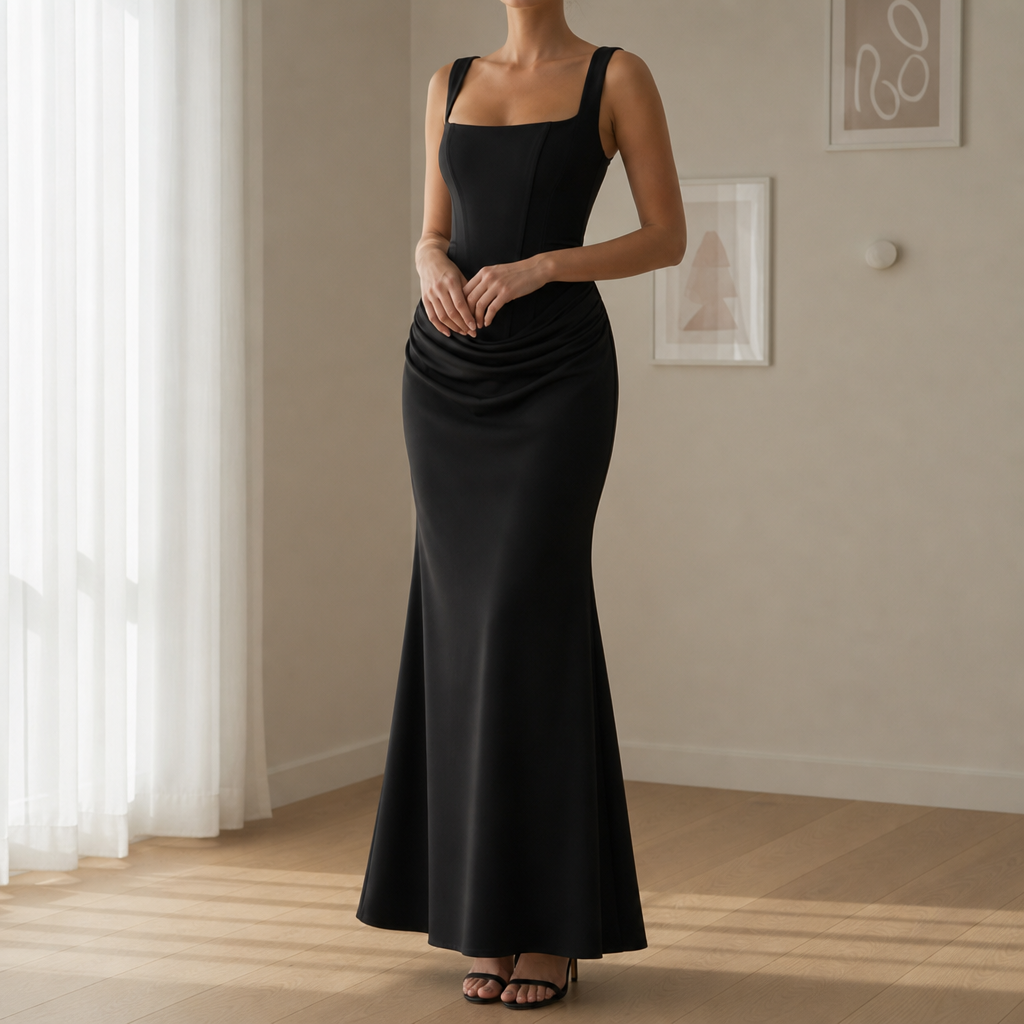 Leros Corset Ruched Maxi Dress in Black