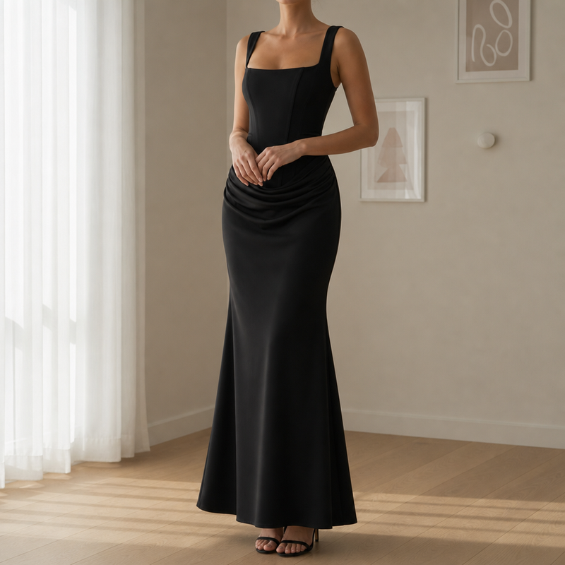 Leros Corset Ruched Maxi Dress in Black