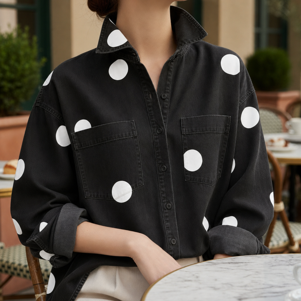 Elounda Polka Dot Denim Shirt in Black