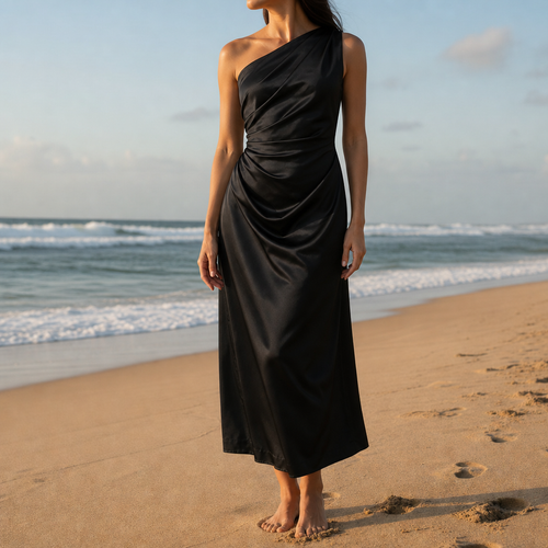 Almeria Ruched Satin Midi Dress in Black