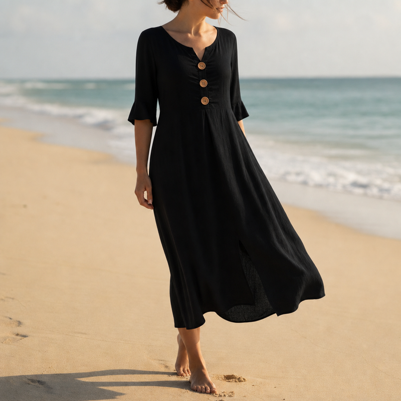 Narbonne Button Front Midi Dress in Black