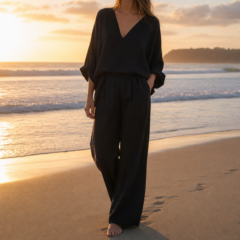 Javea Linen Wide Leg Set in Black