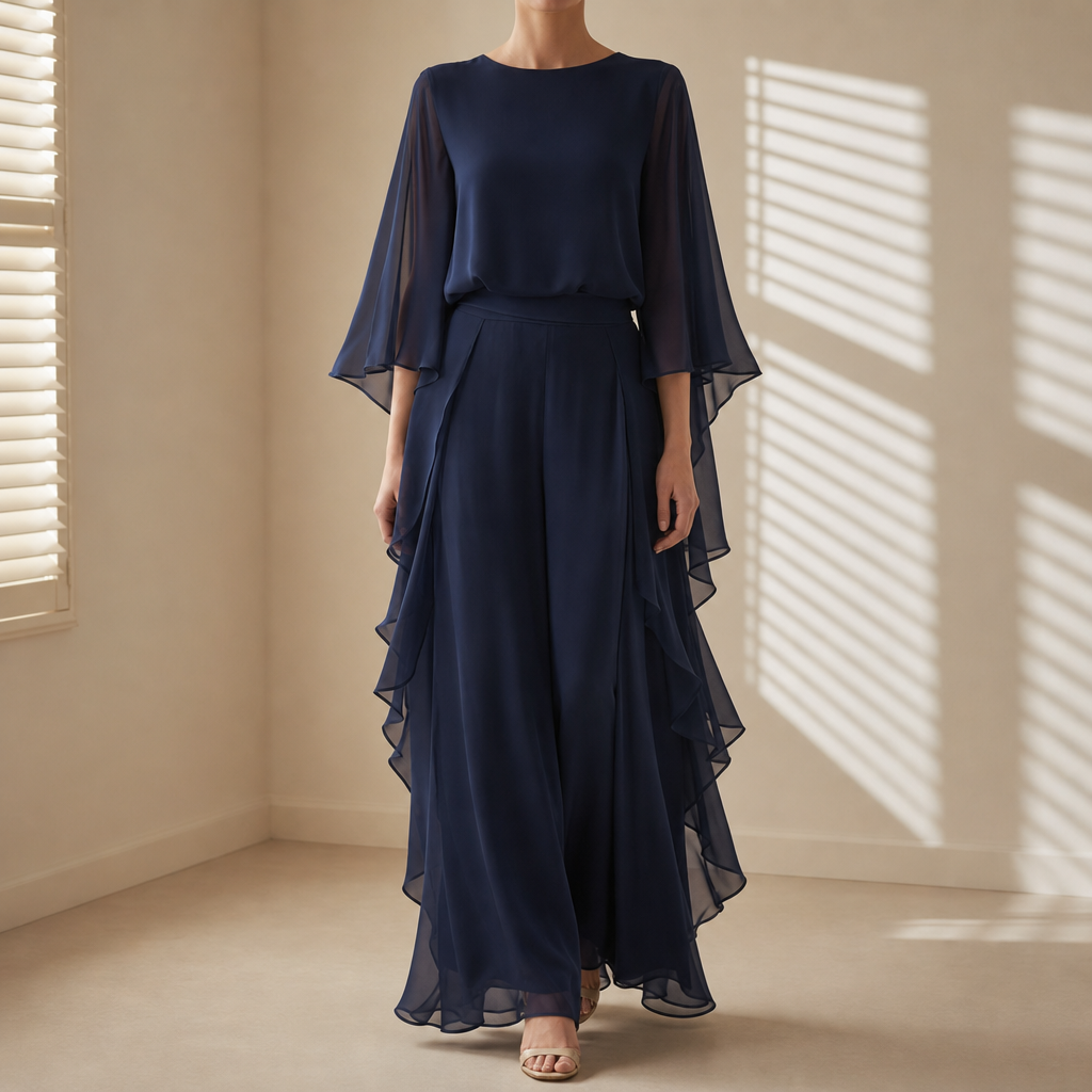 Syros Ruffle Chiffon Two-Piece Set in Navy Blue
