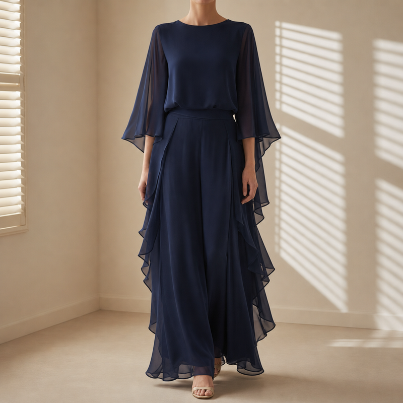 Syros Ruffle Chiffon Two-Piece Set in Navy Blue