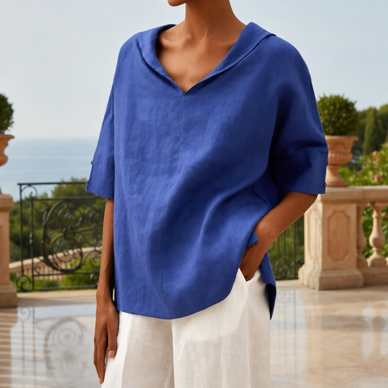 Malaga Linen V-Neck Blouse in Blue
