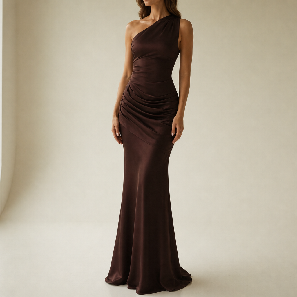 Baeza One Shoulder Satin Gown in Brown