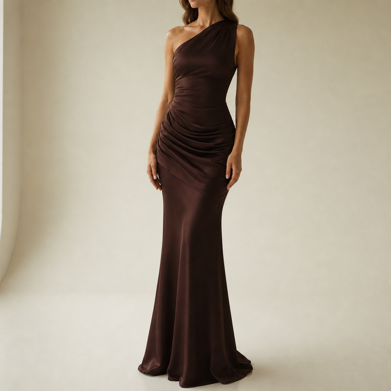 Baeza One Shoulder Satin Gown in Brown