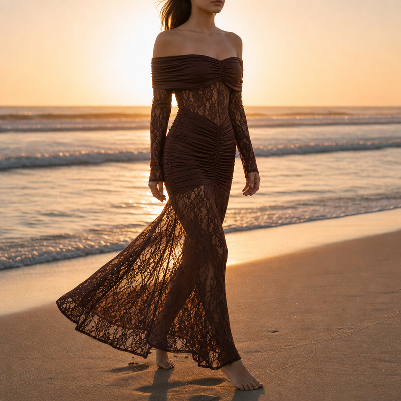 Denia Lace Off-Shoulder Maxi Dress in Brown