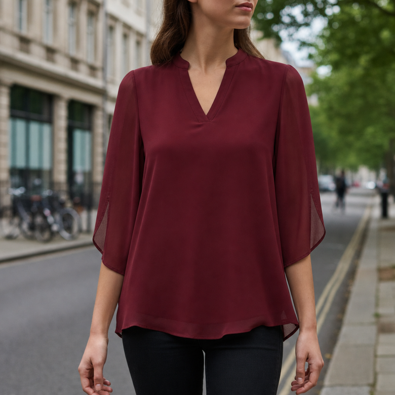 Gordes Flared Sleeve Chiffon Blouse in Burgundy