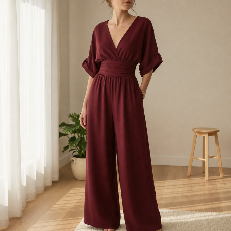 Serifos V-Neck Wide-Leg Jumpsuit in Burgundy