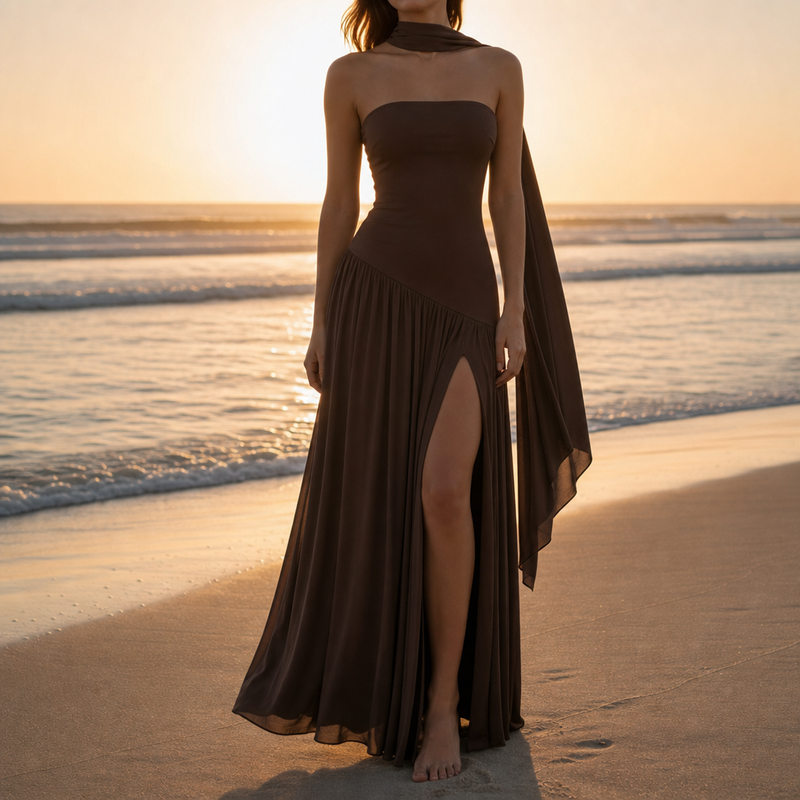 Ravello Strapless Slit Maxi Dress in Coffee