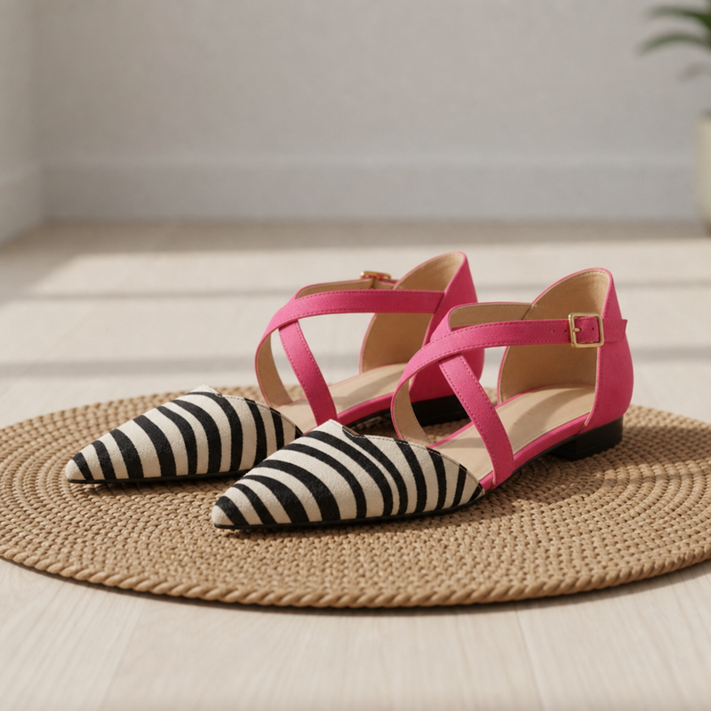 Volterra Zebra Print Cross-Strap Flats in Cream