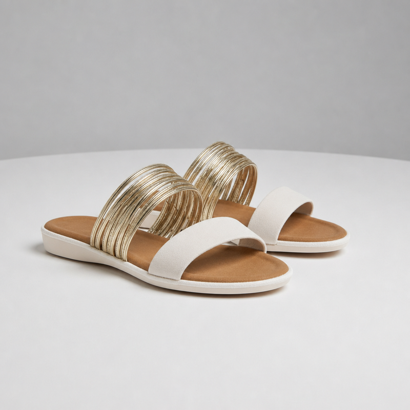 Nafplio Gold Strap Slide Sandals in Cream White