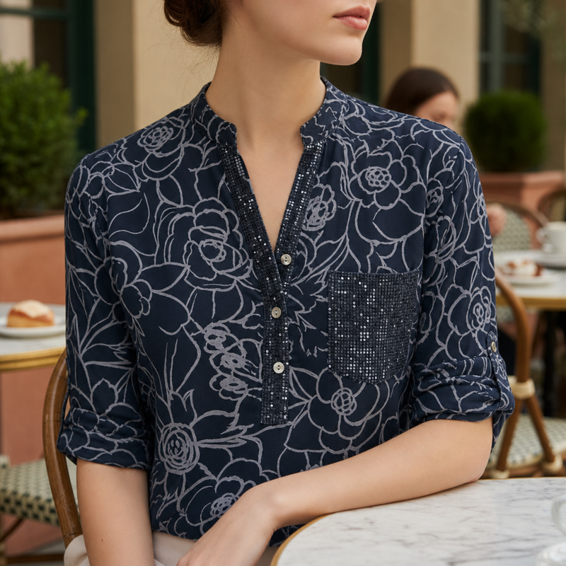 Cassis Floral V-Neck Blouse in Dark Blue