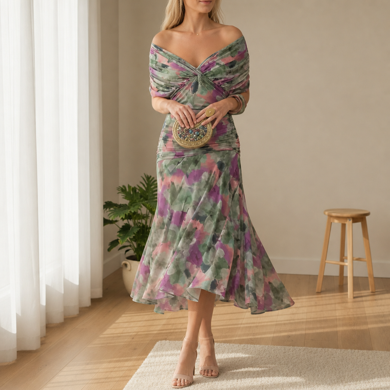 Sibenik Floral Off-Shoulder Midi Dress in Green and Purple