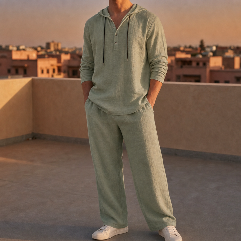 Paxos Hooded Henley Linen Set in Green