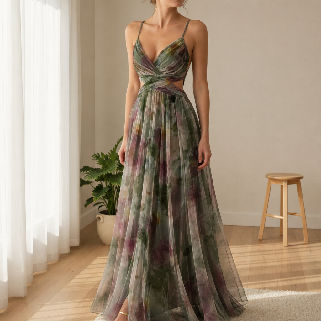 Skiathos Floral Chiffon Maxi Dress in Green