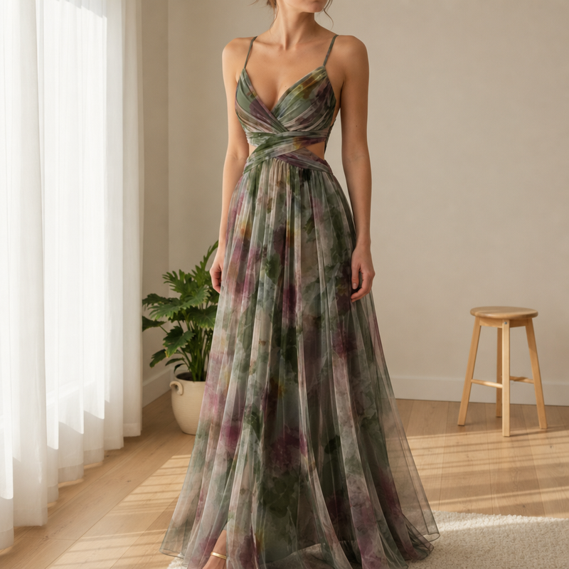 Skiathos Floral Chiffon Maxi Dress in Green