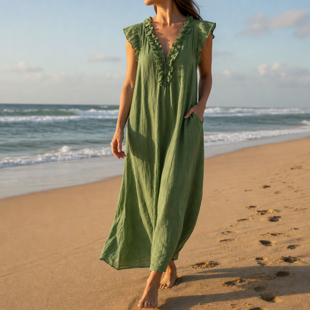 Folegandros Ruffle V-Neck Maxi Dress in Green