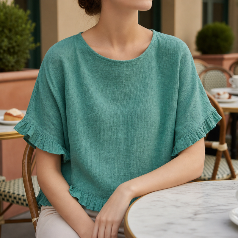 Monemvasia Ruffle Hem Linen Blouse in Green