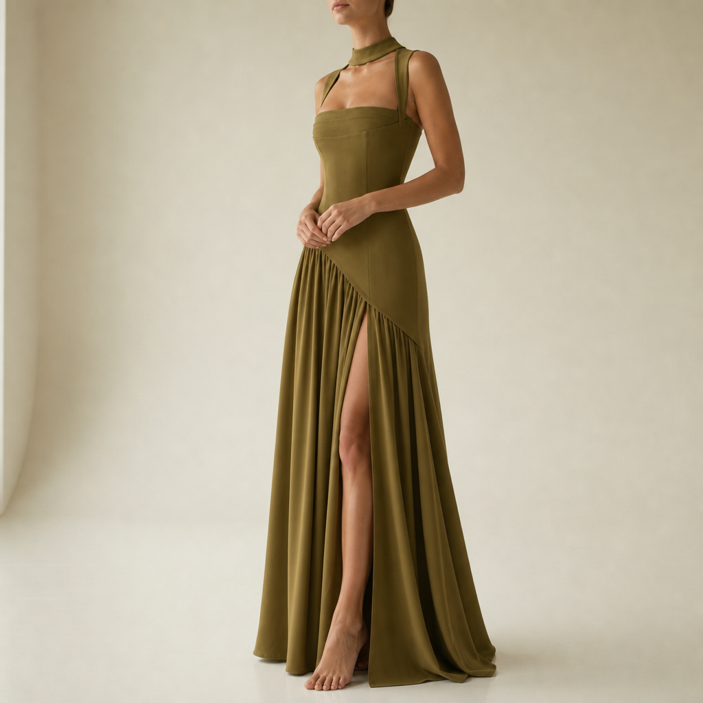 Arles Ruched Halter Maxi Dress in Green