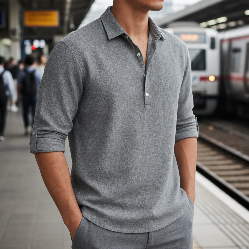 Gaeta Linen Henley Polo Shirt in Grey