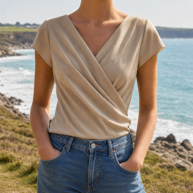 Palamos Draped Wrap Blouse in Khaki