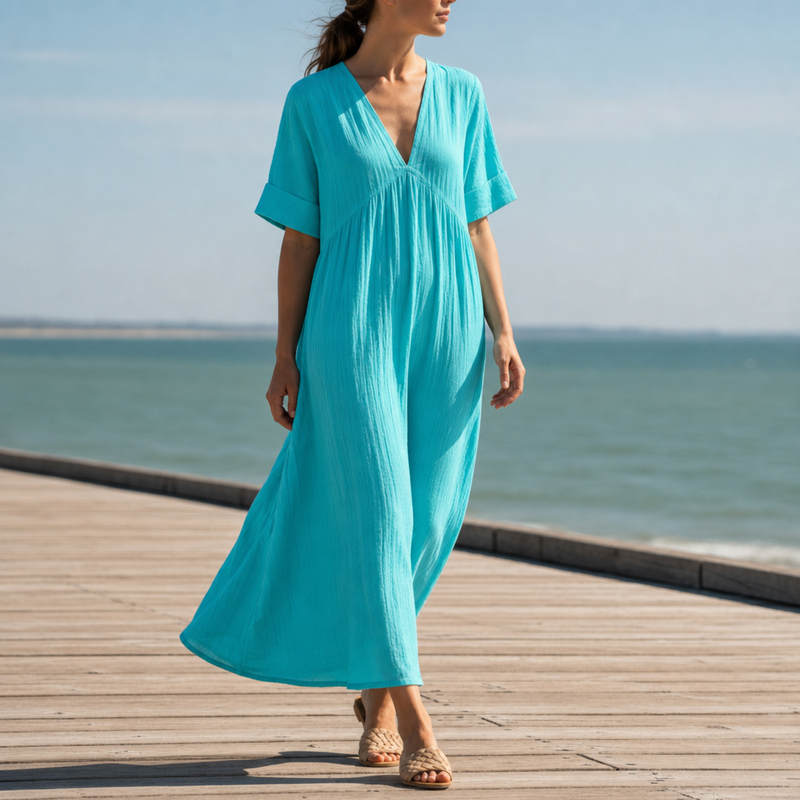 Biot Linen V-Neck Maxi Dress in Light Blue