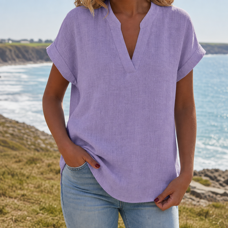 Sagres Notched V-Neck Blouse in Light Purple