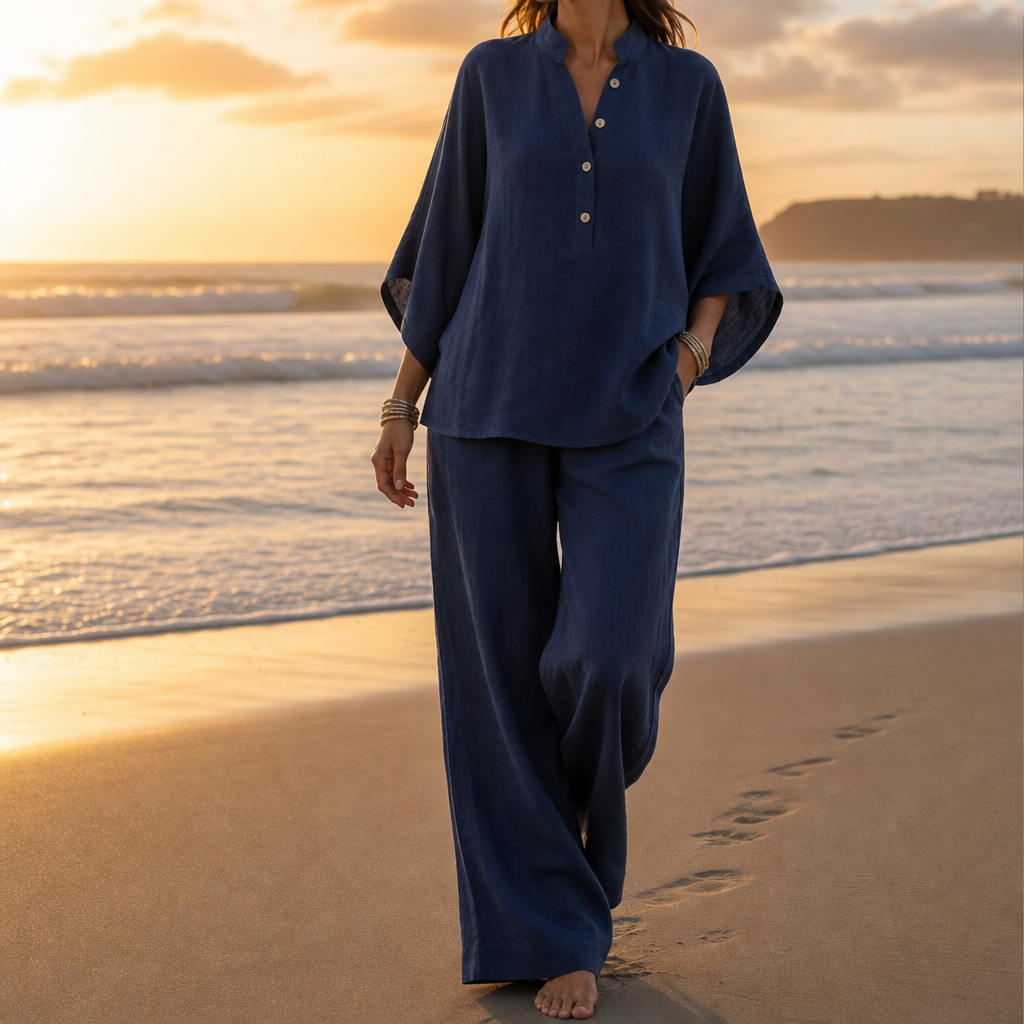 Mojacar Linen Kimono Sleeve Set in Navy