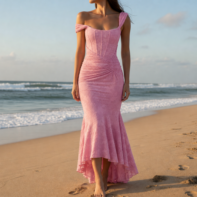 Sperlonga Lace High-Low Mermaid Dress in Pink