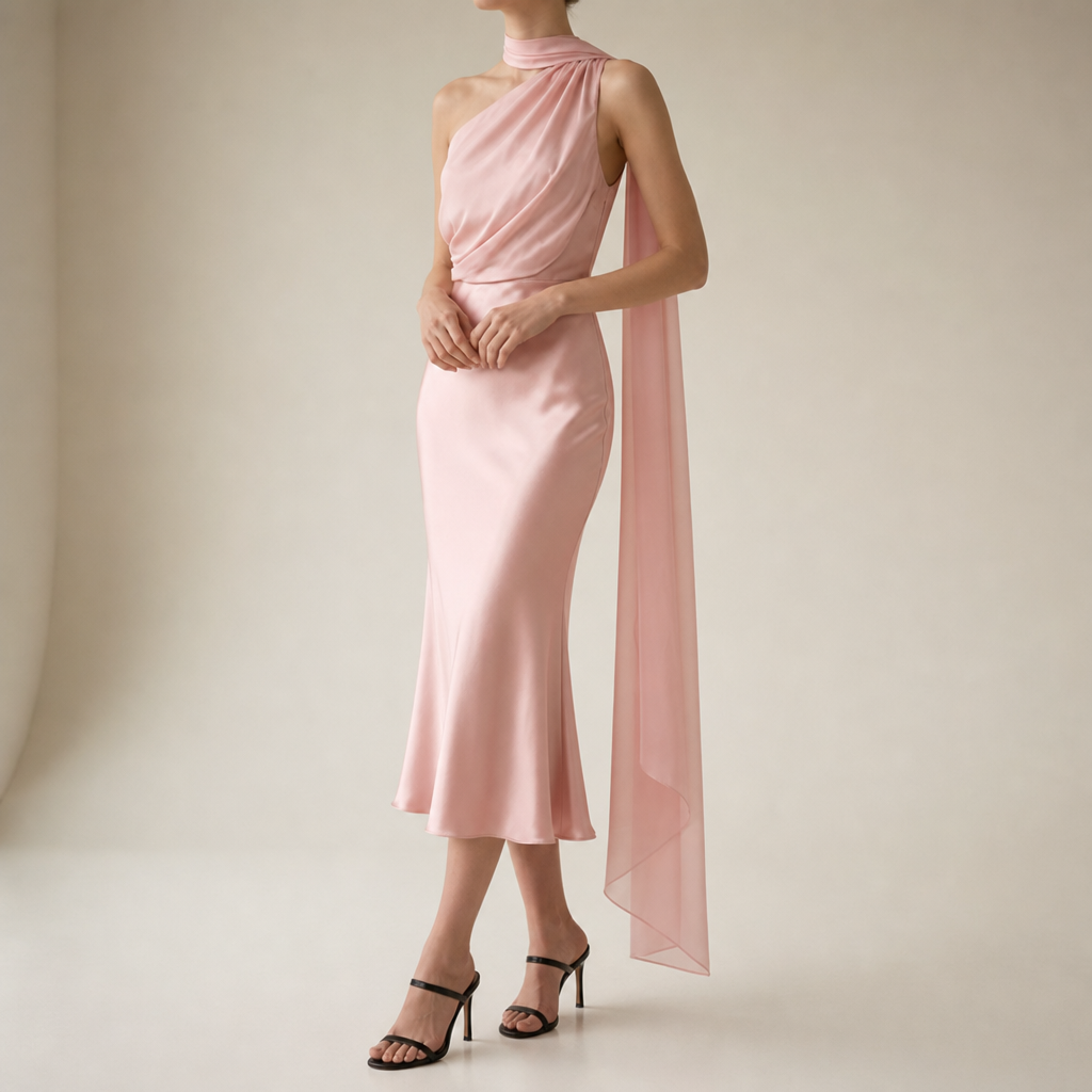 Pollensa Satin Mermaid Midi Dress in Pink