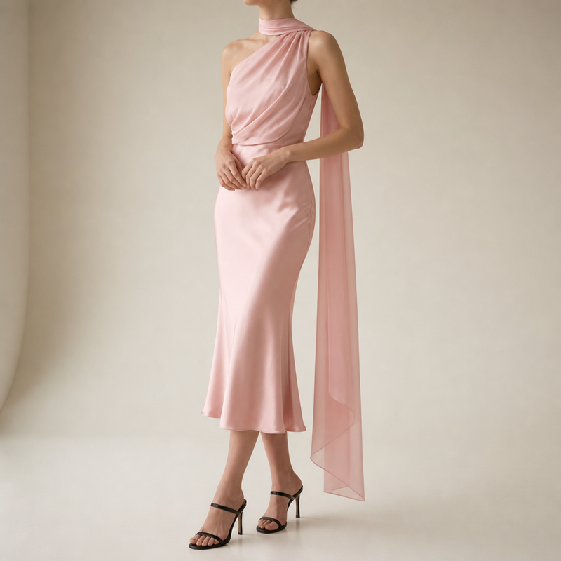 Pollensa Satin Mermaid Midi Dress in Pink
