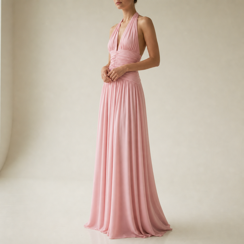 Anzio Ruched Halter Maxi Dress in Pink