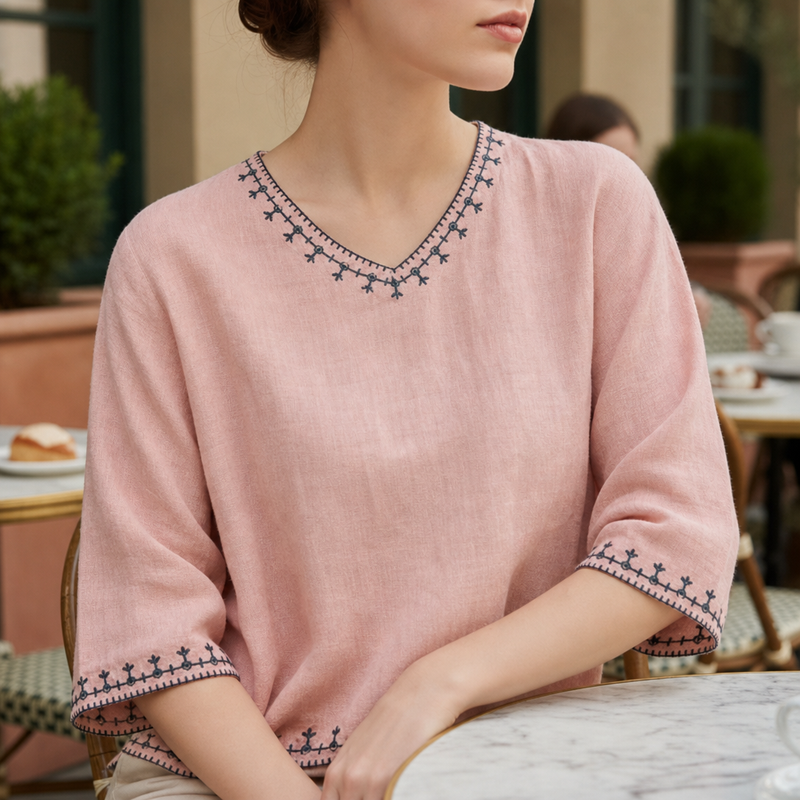 Kalymnos Embroidered Linen Blouse in Pink