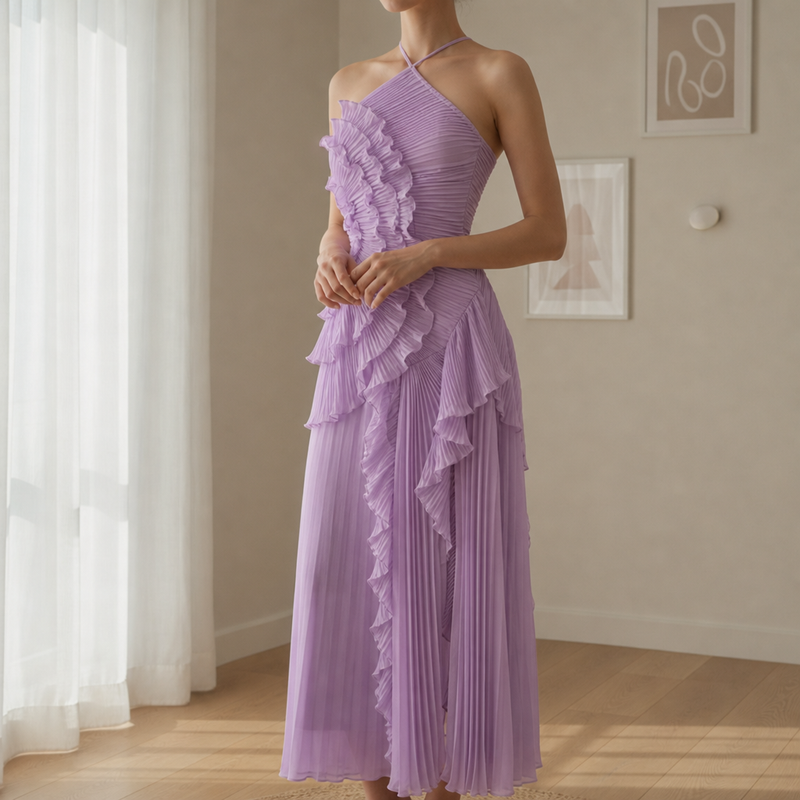 Nerja Pleated Ruffle Halter Dress in Purple