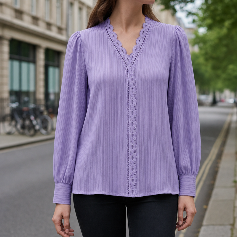 Caceres Lace Trim V-Neck Blouse in Purple