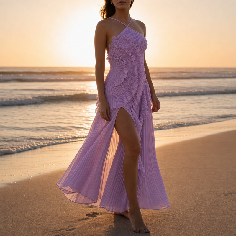 Comillas Pleated Ruffle Halter Dress in Purple
